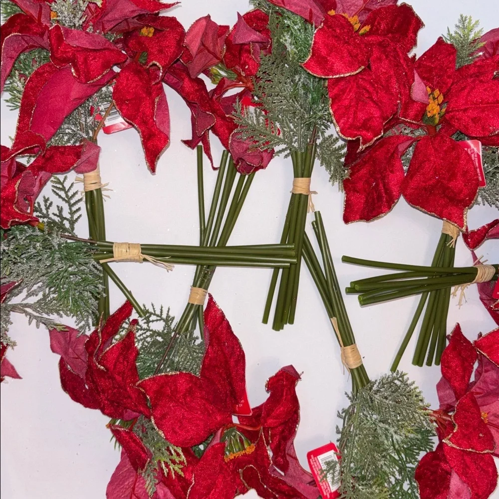 Red Poinsettia Floral Bouquet Set of 7 Red Velvet Gold edge poinsettia bouquets